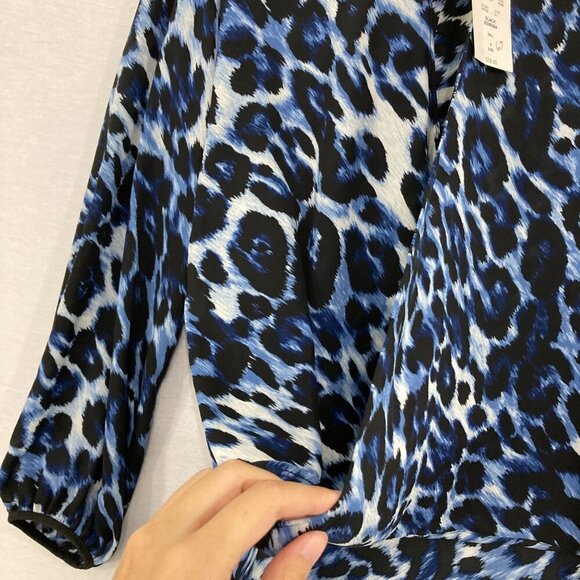 New Cache Small Black Blue Leopard Print Relaxed Flowy Long Sleeve Blouse - Picture 5 of 9